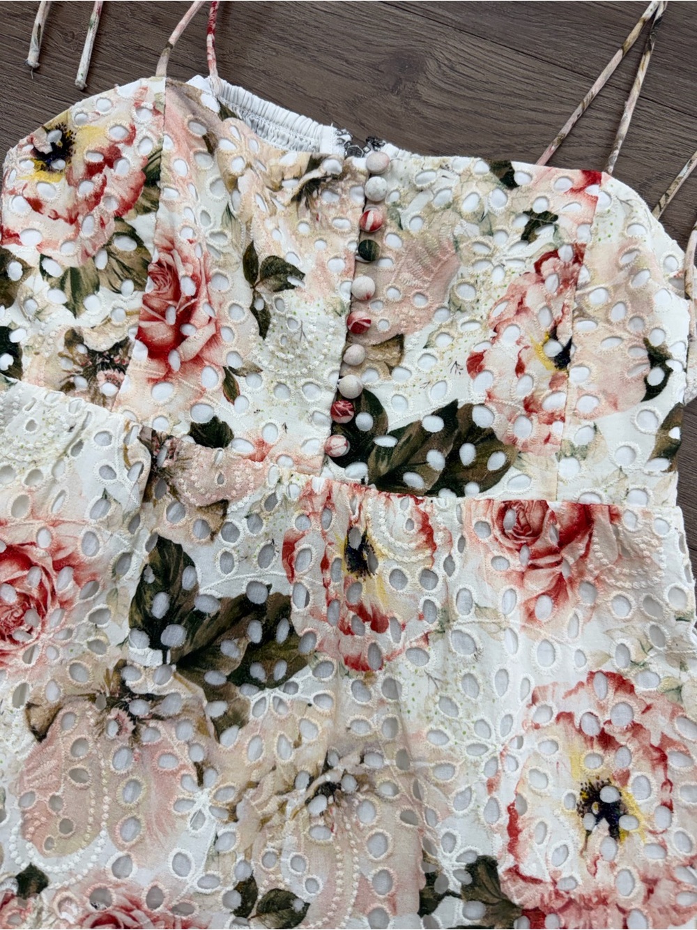 Alice + Olivia Cream Eyelet Sundress with Pink Rose Print - Picture 7 of 7